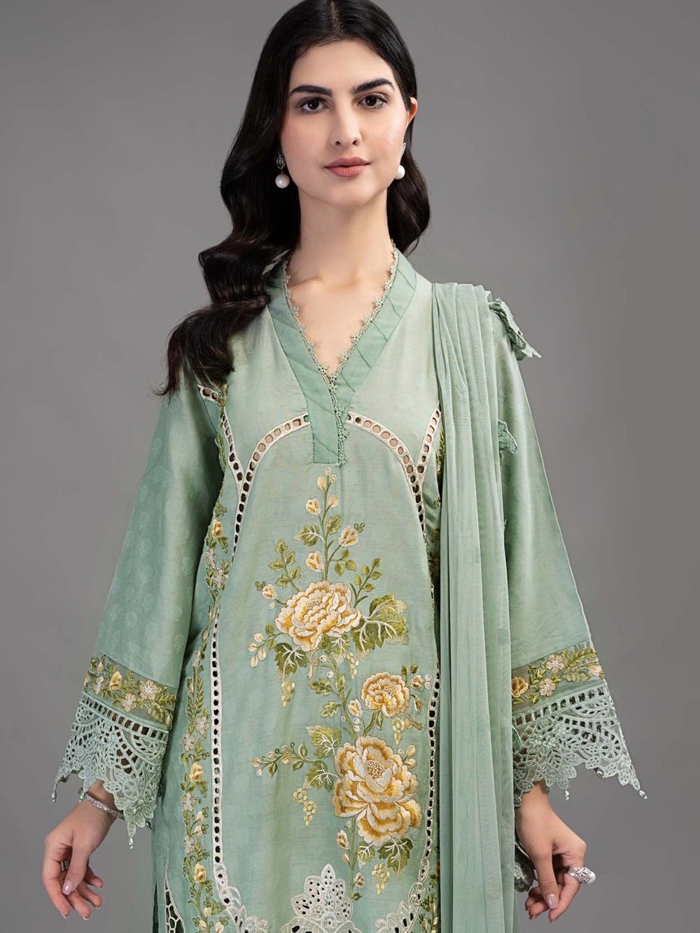 Embroidered Sage Green Floral Kurti